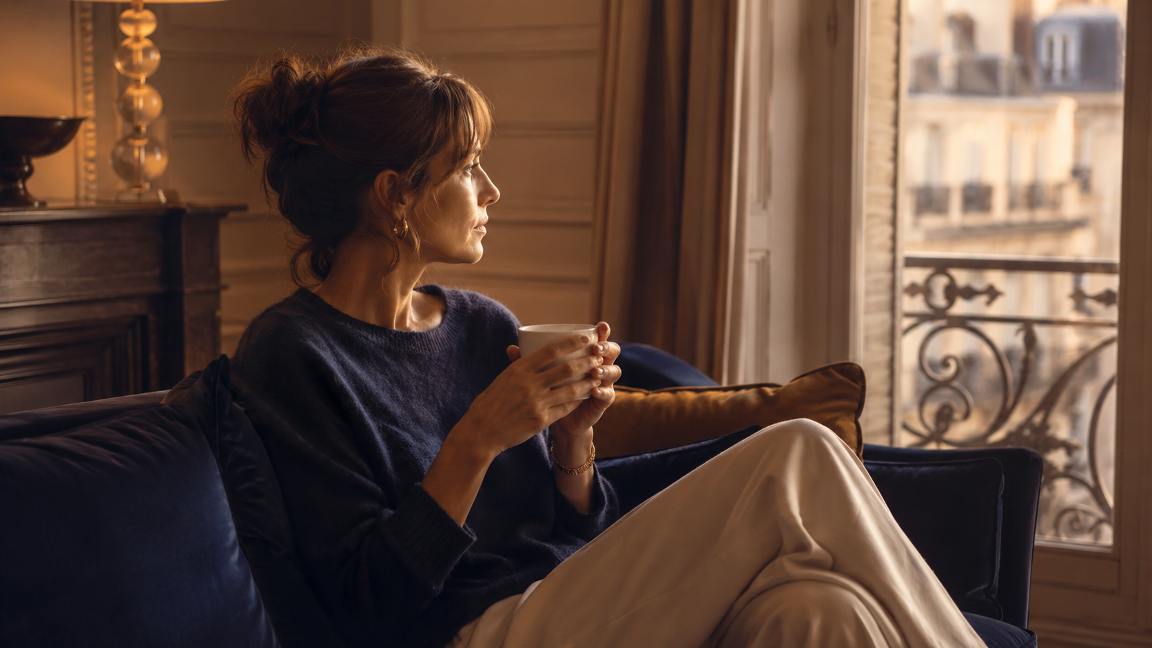 Femme introspective regardant par la fenêtre